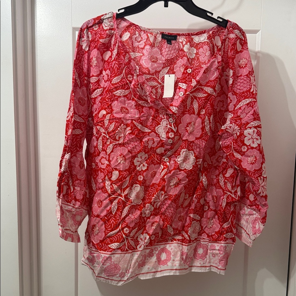 TALBOTS WOMENS FLORAL PARADISE POPOVER BRIGHT APPLE/AURORA PINK SHIRT Large